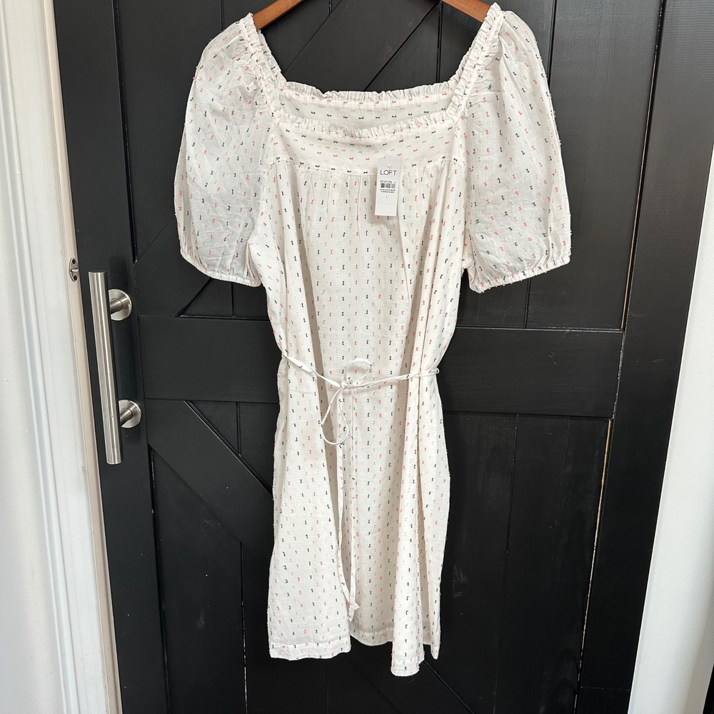 Loft White Clip Dot Puff Sleeve Square Neck Cotton Dress Size L Summer Boho NWT